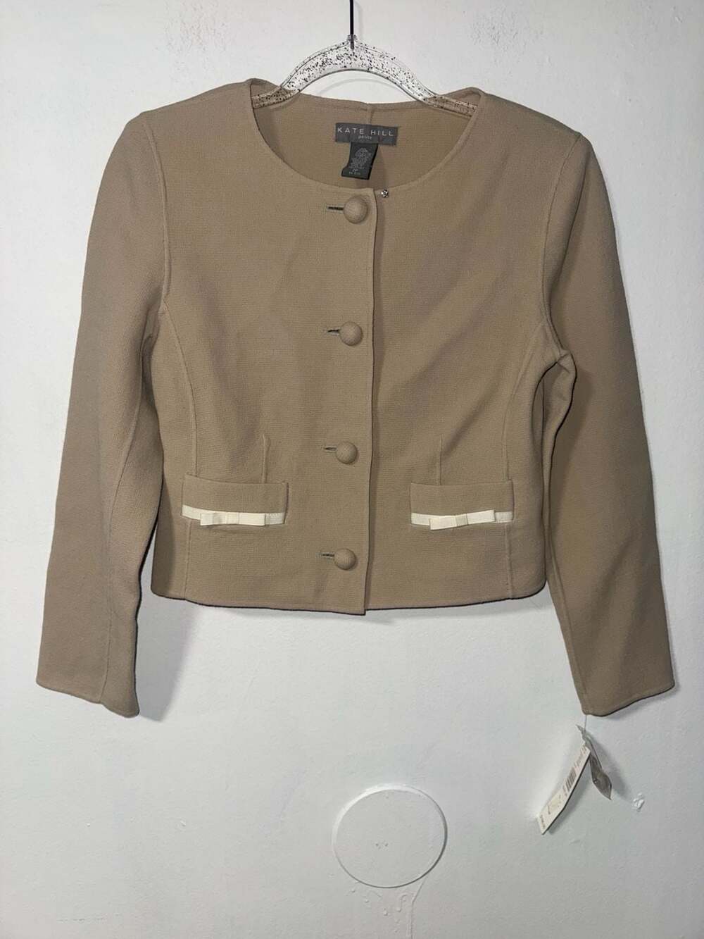 Kate Hill Petite Taupe Pure New Wool Collarless Crop Jacket with Bow Detail Size